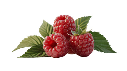 Three ripe red raspberries with green leaves isolated on transparent background
