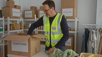Mature man in a charity center organizing donations indoors wearing a volunteer vest surrounded by boxes and clothes on racks demonstrating community service involvement