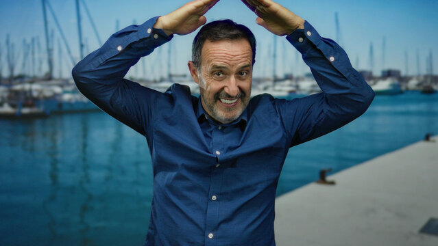 Hispanic man making gesture at seaside port with boats in the background under a clear blue sky, wearing a blue shirt while standing outdoors on a sunny day. - Powered by Adobe