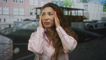 Fototapeta premium Young woman with hands on temples on an amsterdam street, eyes closed and pressing her face in pain, visible headache; headache pain distress.