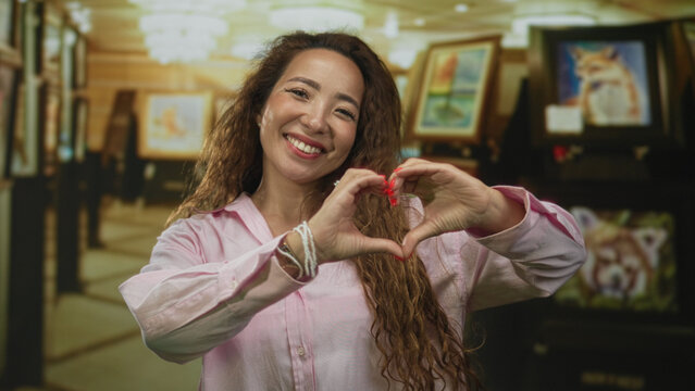 Woman smiling while forming a heart shape with hands and red nails in art gallery building, wearing pink shirt and bracelets; love joy kindness.