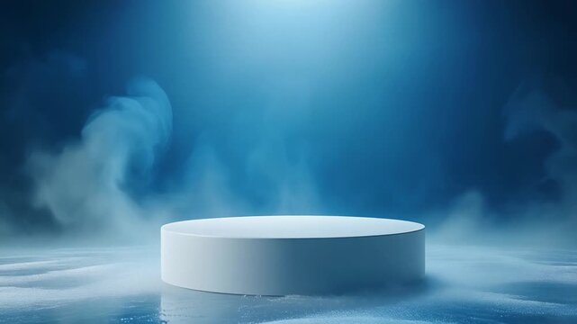 Minimalist white podium on a blue foggy icy stage with dramatic spotlight and swirling mist, perfect for product showcase and presentations.