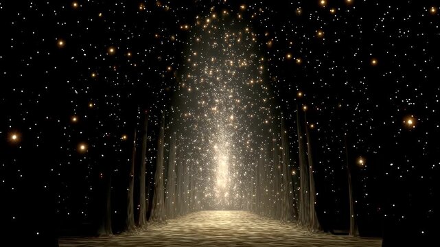 Luminous corridor drift through starry glow, surreal fantasy pathway with glowing lights, golden sparkles, ethereal tunnel