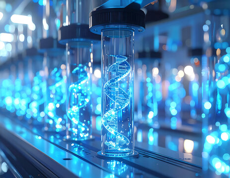 Advanced DNA sequencing in a futuristic biotechnology lab with glowing double helix structures in test tubes on a conveyor - Powered by Adobe