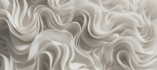 Wavy cloud dancer color chiffon fabric with flowing smooth folds. Abstract banner background for celebration, elegant cosmetic design, advertising of clothing designers, couturiers, and fabric stores.