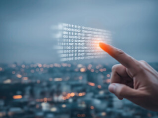 Hand interacts with glowing binary interface above blurred modern city skyline.