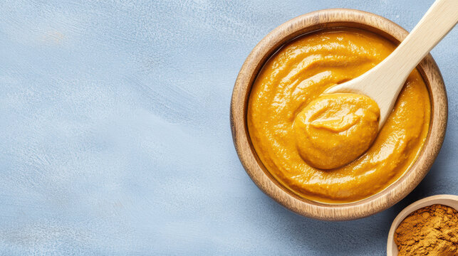 Golden curry sauce in wooden bowl with spoon, smooth creamy texture and warm tone