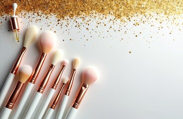 Collection of makeup brushes and dropper bottle with golden glitter scattered on white surface. Beauty tools ready for cosmetic application. Pro make up accessories with sparkly decor.