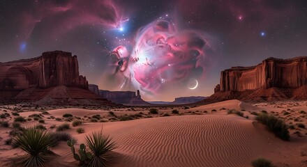 Surreal Desert Landscape Under a Cosmic Nebula Sky.