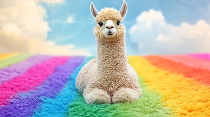 Stuffed llama sitting on rainbow fantasy landscape