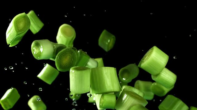 Sliced leeks flying on a black background. Filmed on a high-speed camera at 1000 fps. High quality FullHD footage