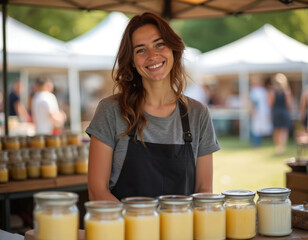 Smiling young woman vendor stands at busy outdoor market stall. Proudly presents variety of handmade scented candles, unique jar products. Happy female entrepreneur sells small business craft goods