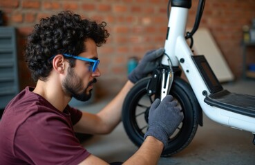 Young man repairs electric scooter front wheel with pro care. Wears grey gloves, blue safety glasses, intently fixing brake system. Mechanic performs essential maintenance service in workshop garage.