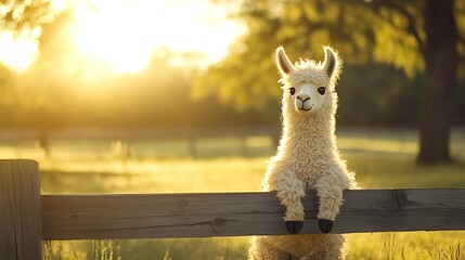 Stuffed llama toy sitting on a wooden fence in a sunlit meadow