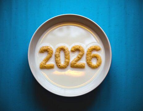 Delicious 2026 new year's breakfast concept with cereal and milk on bright blue background - perfect for celebrations and festive events - Powered by Adobe