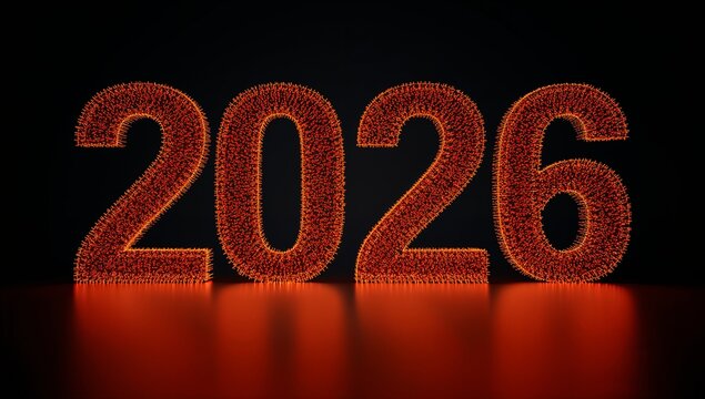 Bright orange 2026 numbers made of glowing particles. Futuristic new year celebration background with light reflection for holiday concept.