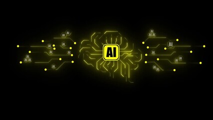 AI neural network brain with glowing circuit connections and central processor chip. Digital intelligence concept with network nodes. Machine learning visualization on dark background - Powered by Adobe