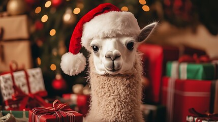 Stuffed llama wearing a Santa hat with pile of presents