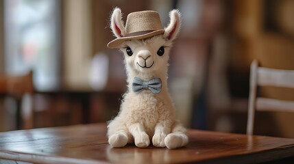 Stuffed llama wearing a tiny hat and bowtie sitting on wooden table