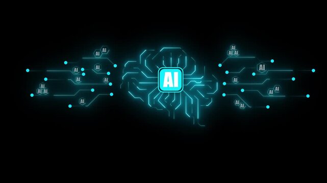 AI neural network brain with glowing circuit connections and central processor chip. Digital intelligence concept with network nodes. Machine learning visualization on dark background