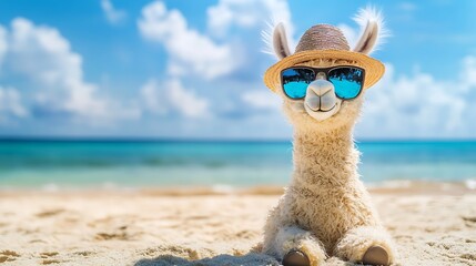 Stuffed llama wearing sunglasses and beach hat sitting on a tropical sandy beach