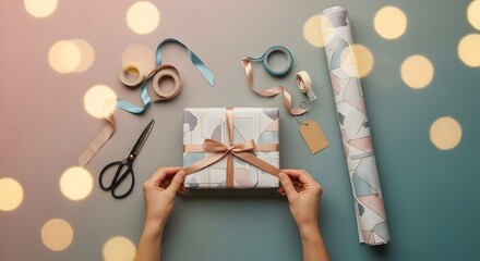 Hands wrapping a gift box with ribbon and tape alongside scissors and festive lights overhead