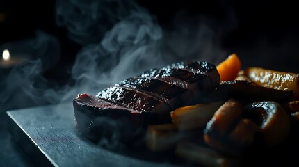 Delicious sliced steak cooked medium-rare with a shiny sauce and colorful roasted vegetables, highlighting premium food photography and rich culinary textures in high detail