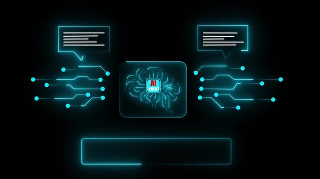 AI search interface with neural network connections and circuit pathways. Intelligent search engine technology with glowing blue nodes and data flow on dark background