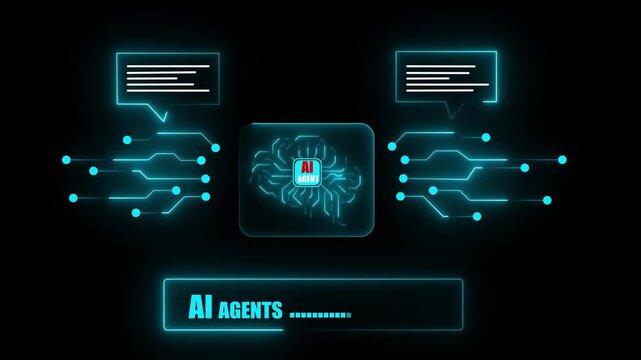 AI search interface with neural network connections and circuit pathways. Intelligent search engine technology with glowing blue nodes and data flow on dark background