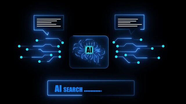 AI search interface with neural network connections and circuit pathways. Intelligent search engine technology with glowing blue nodes and data flow on dark background