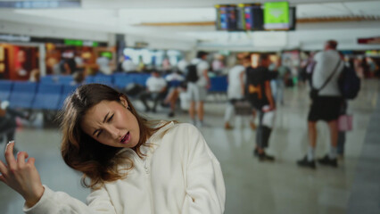 Woman playing air guitar in airport terminal, wearing white sweatshirt, surrounded by blurred crowd, captures joyful travel moment with vibrant motion and energy.