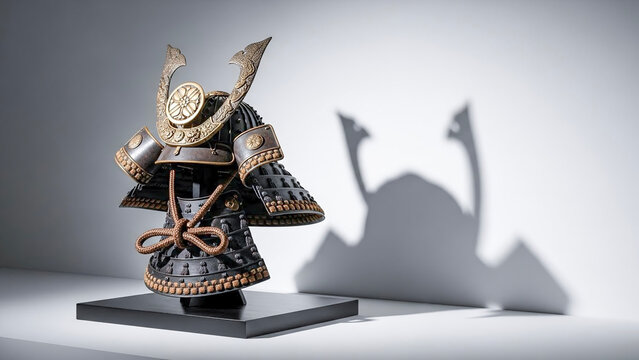 Antique samurai helm displayed on stand with detailed craftsmanship  