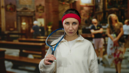 Woman with tennis racket stands confidently in church setting with blurred interior in the background.
