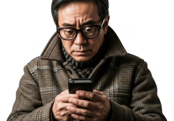 Man in coat looking at phone isolated on transparent background