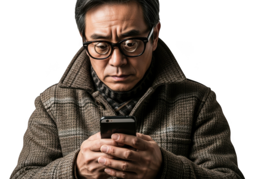 Man in coat looking at phone isolated on transparent background