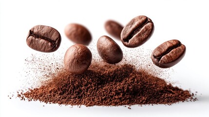 Coffee beans falling onto a pile of ground coffee against a white background