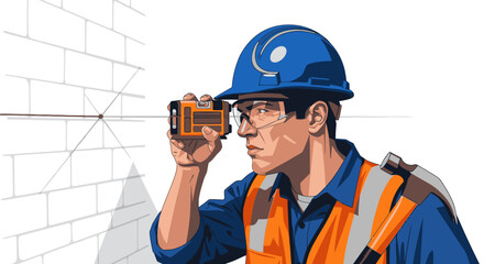 A construction worker uses a laser level to precisely measure and align a brick wall, ensuring accuracy on the building site.