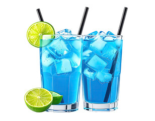 Two blue cocktails, ice-filled, lime garnish, black straws