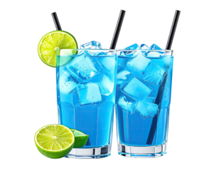 Two blue cocktails, ice-filled, lime garnish, black straws