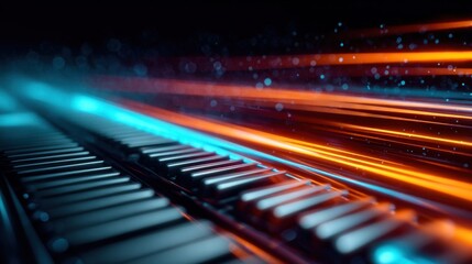 Abstract piano keys with neon lights and blurred motion trails