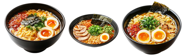 Fototapeta premium Delicious Korean ramen with boiled eggs, grilled pork, onions, and seaweed in black bowl isolated on white background