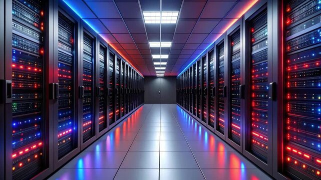 Long perspective view of a server room, data center with server racks, blue and red lights reflecting on the floor and ceiling, a secure, modern digital space