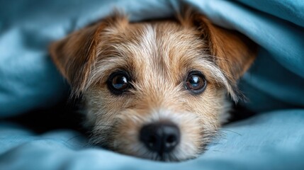 Adorable terrier mix peeking out from under a cozy blue blanket