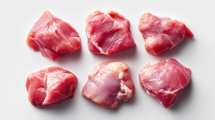 Fresh raw pork meat pieces arranged on a white surface, ready for cooking