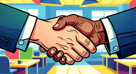 Professional diverse business individuals completing a successful agreement with a firm handshake, symbolizing partnership and cooperation in a vibrant office setting illustration