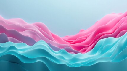 Abstract 3D rendering of flowing, colorful, layered shapes in pink and blue