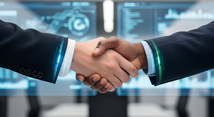 Diverse business professionals seal a technology-driven partnership with a firm handshake, symbolizing agreement, collaboration, and successful global ventures in a modern digital landscape