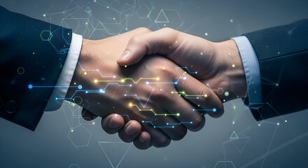 Two businessmen shaking hands, representing a successful partnership and agreement, with digital network connections overlayed