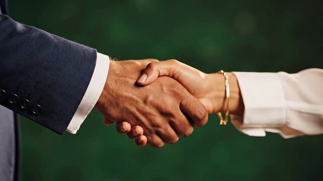 Professional business partners solidify an important agreement with a firm handshake representing trust mutual respect and future collaboration in a