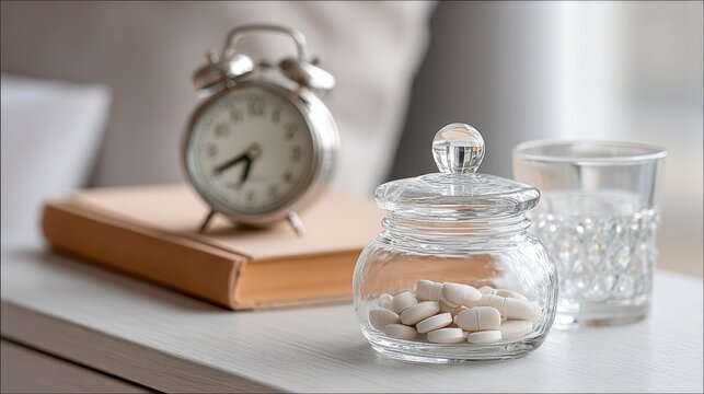 Bedside essentials with pill box. glass of water. alarm clock in a tidy bedroom setting